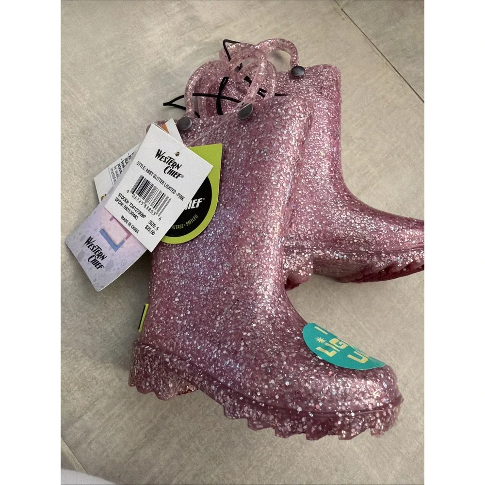 Western Chief Toddler Girl Size 5 Abby Glitter Lighted Rain Boots NWT Shiny
